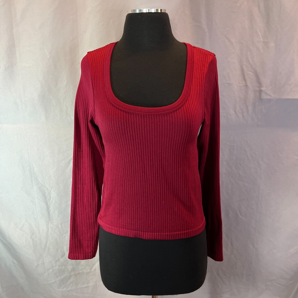 Better Together Crop Top Womens L Maroon Stretch Ribbed Scoop Neck Long Sleeve